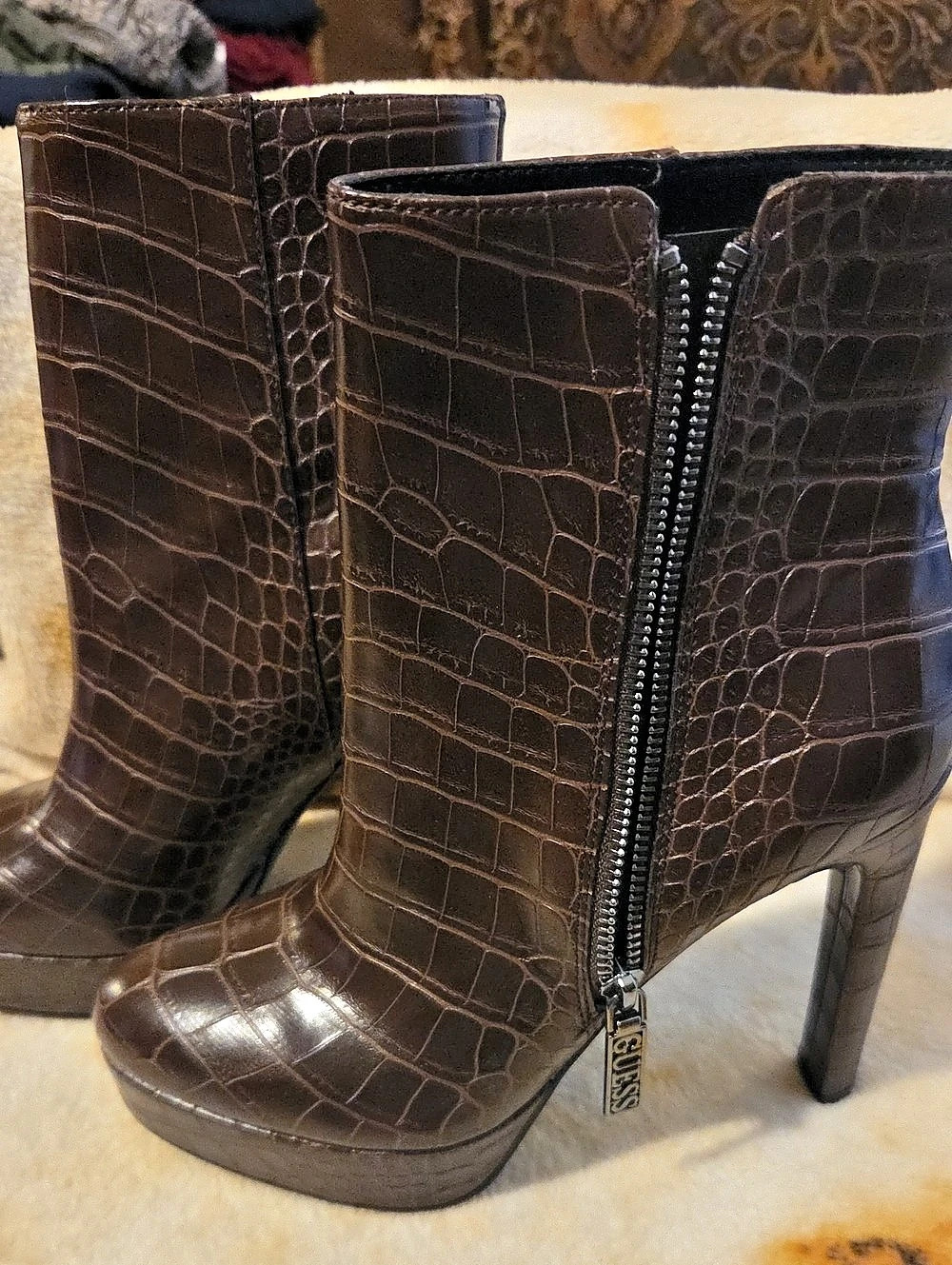 Guess Dejah Bootie Brown Croc-Embossed Heeled Boots